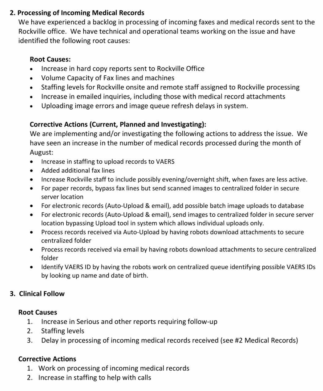 Page 68 of the contractor's July 2022 report to CDC. Section 2, Processing of Incoming Medical Records, reports a backlog of faxes and medical records at the Rockville office with five root causes. Section 3, Clinical Follow, lists three root causes: an increase in serious and other reports requiring follow-up, staffing levels, and delay in processing incoming medical records. The corrective actions are working on processing incoming medical records and increasing staffing to help with calls.